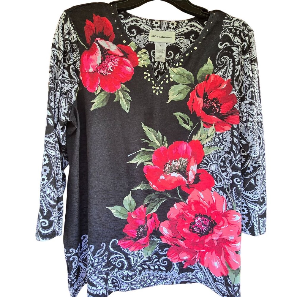 Alfred Dunner Womens S Vintage Black Floral Paisley Top Rhinestone Art to wear